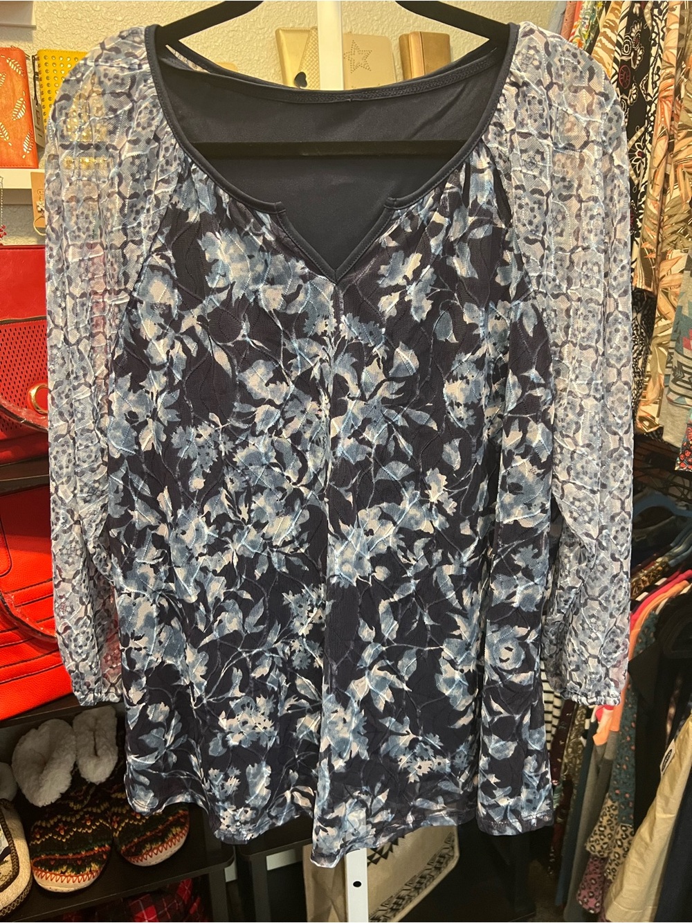 Style & Co. Navy Blue Floral Sheer Sleeve Top